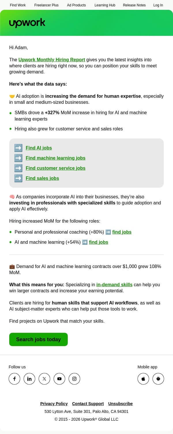 🔍 Hiring Report: See Where Client Demand Is Growing Right Now email from Upwork screenshot