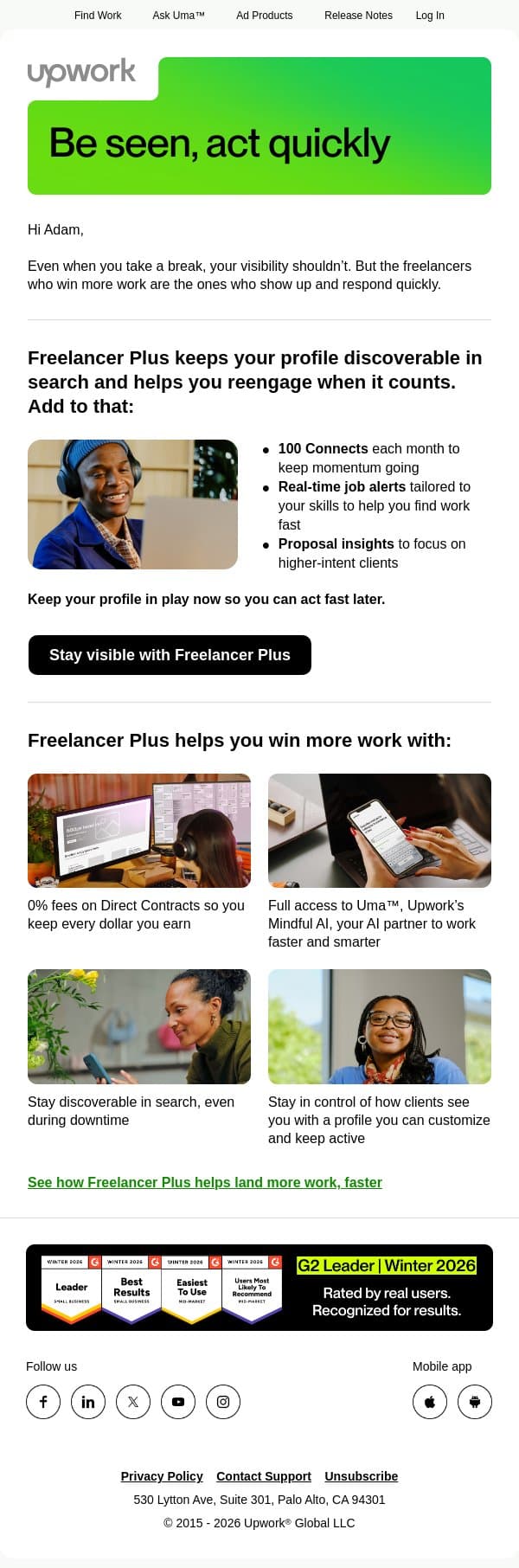 Stay visible and respond fast when the right job posts email from Upwork screenshot