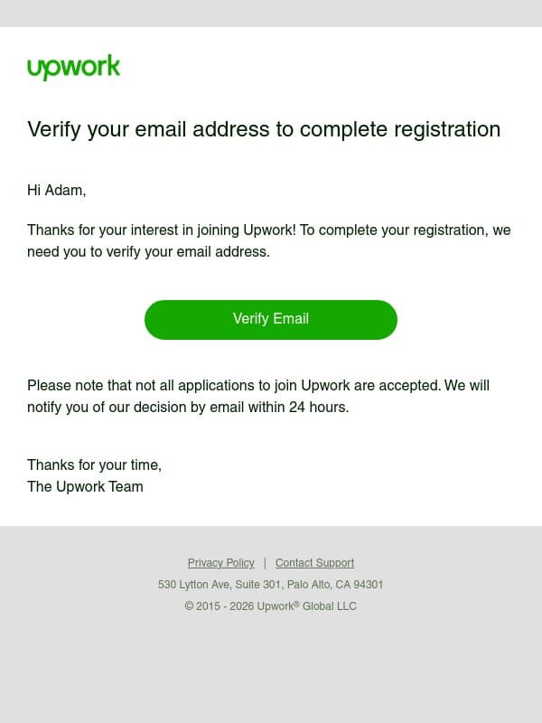 Verify your email address email from Upwork screenshot
