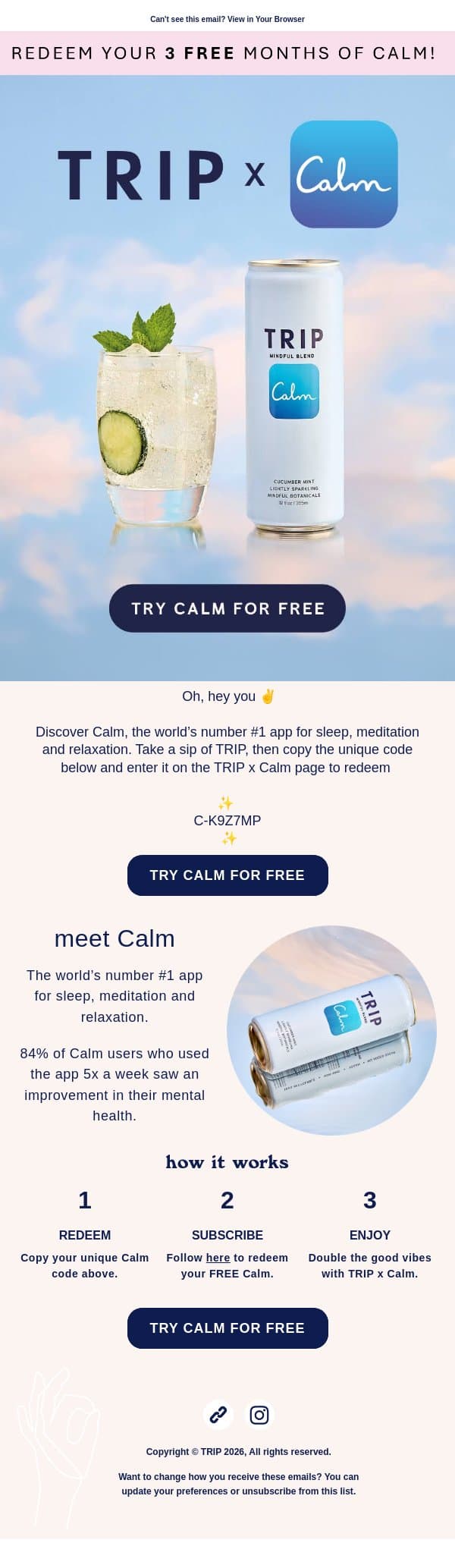 Redeem your free Calm Membership email from Us screenshot