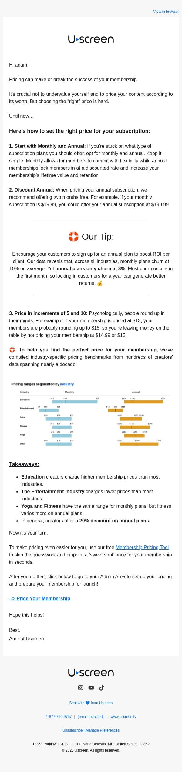 How to charge just the right amount for your membership email from Uscreen screenshot