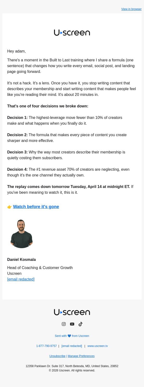 One formula. Every email, post, and landing page — sharper. email from Uscreen screenshot