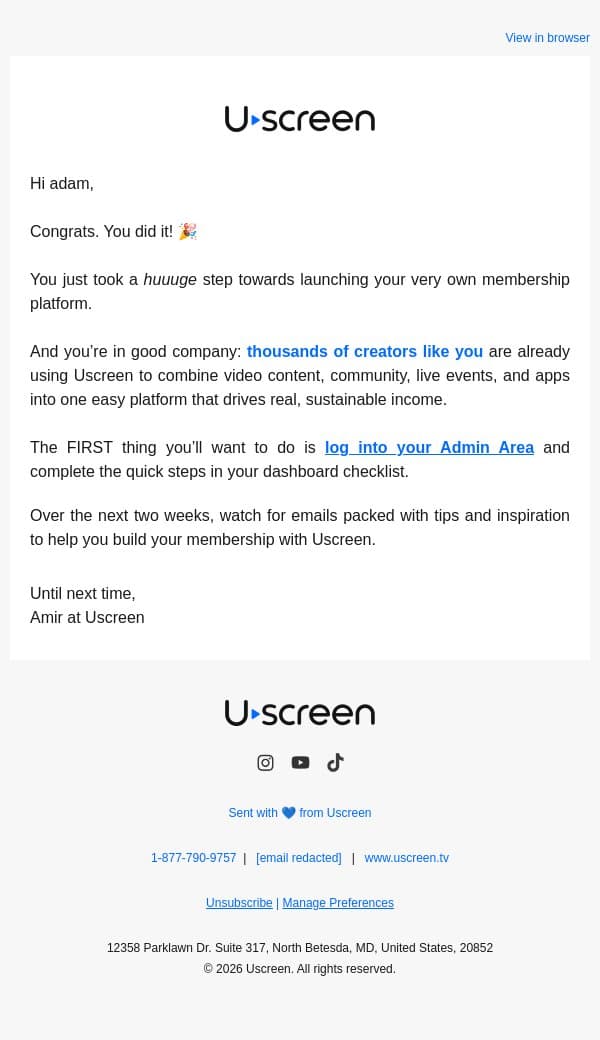 Welcome to Uscreen! Let's Get Started email from Uscreen screenshot