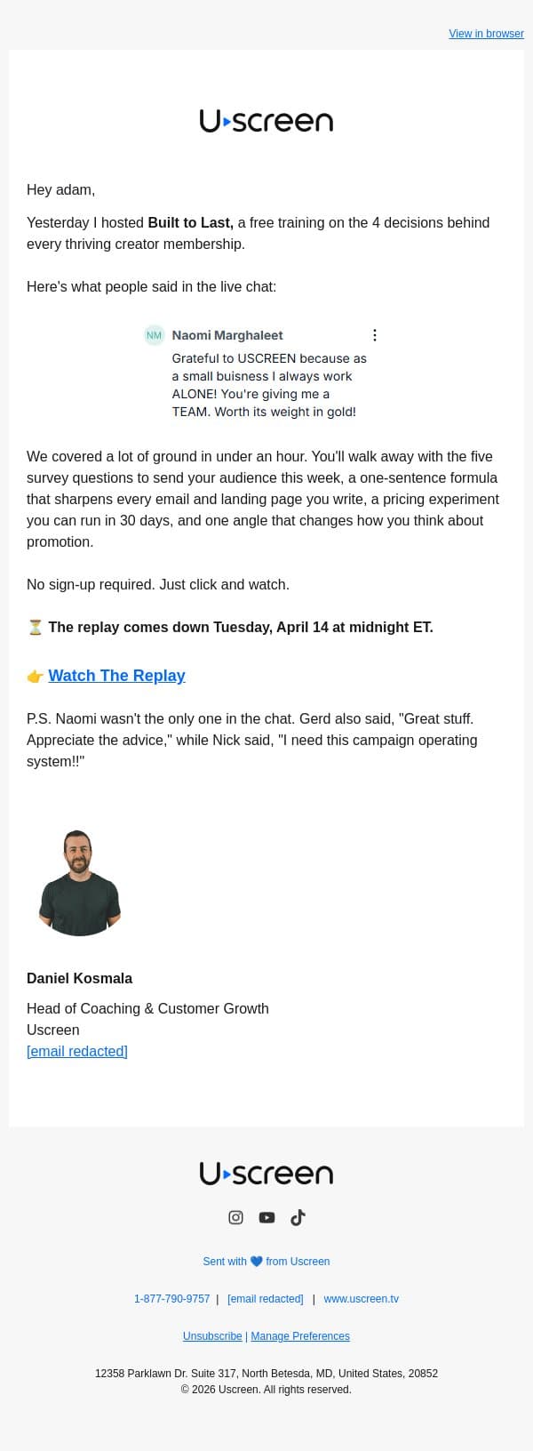 The replay comes down Tuesday - here's what you missed email from Uscreen screenshot
