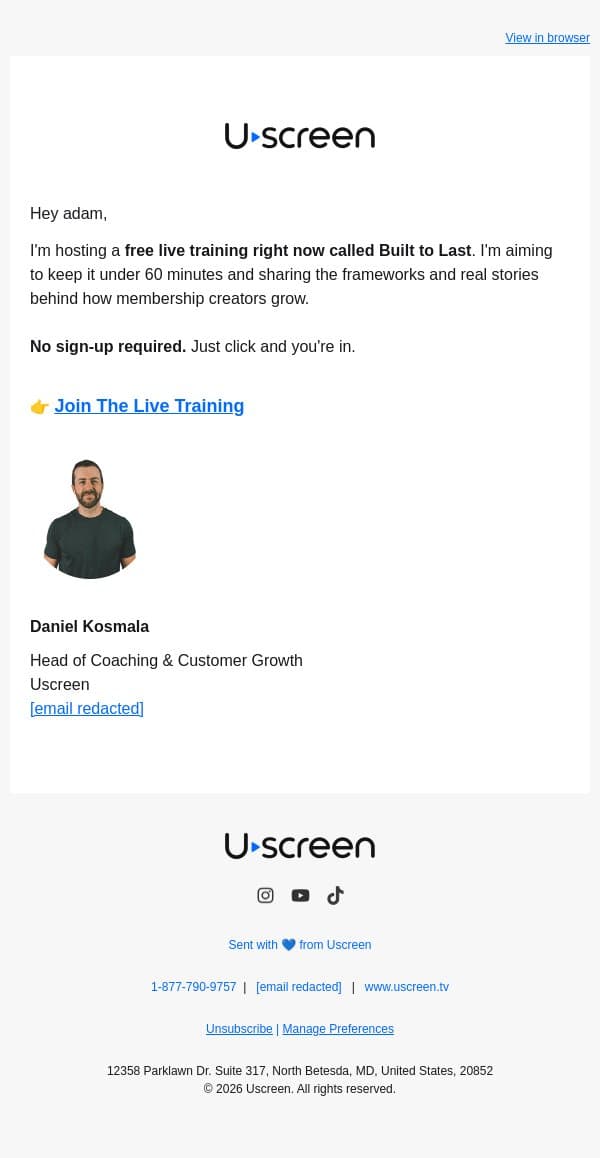We're live right now! Come learn the formula. email from Uscreen screenshot