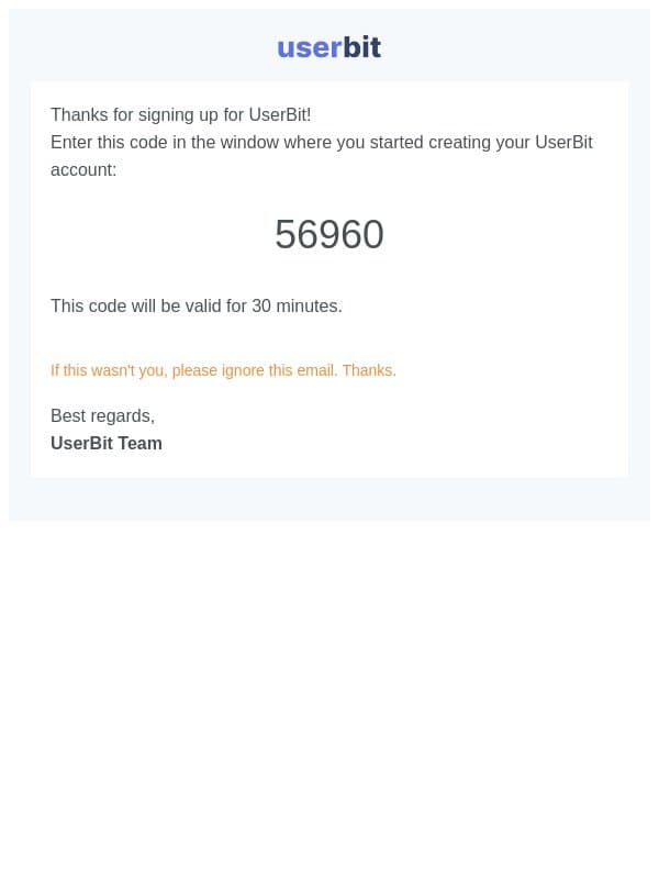 Please verify your UserBit account email email from Userbit screenshot