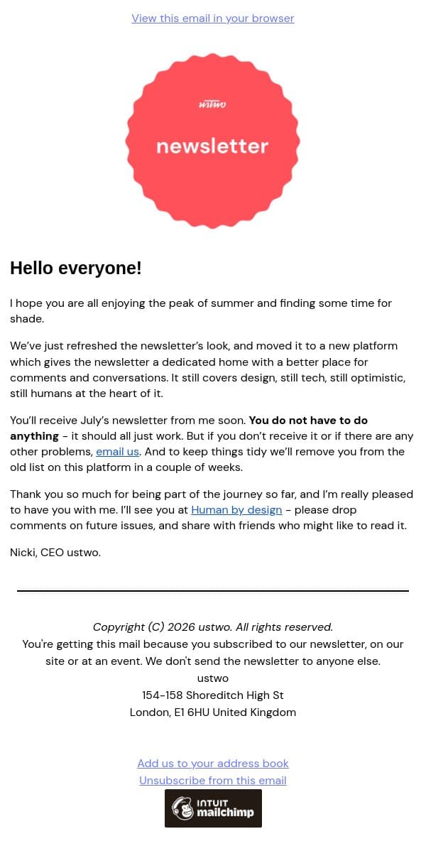 Same humans, new home: the ustwo newsletter is moving email from ustwo screenshot