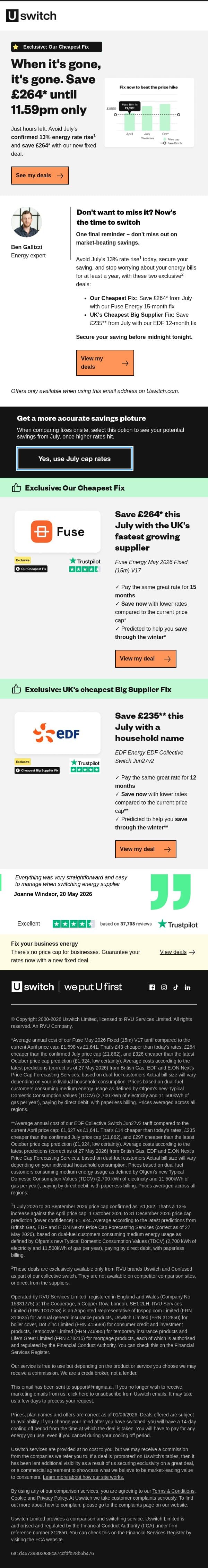Last chance: save £264* before midnight email from Uswitch screenshot