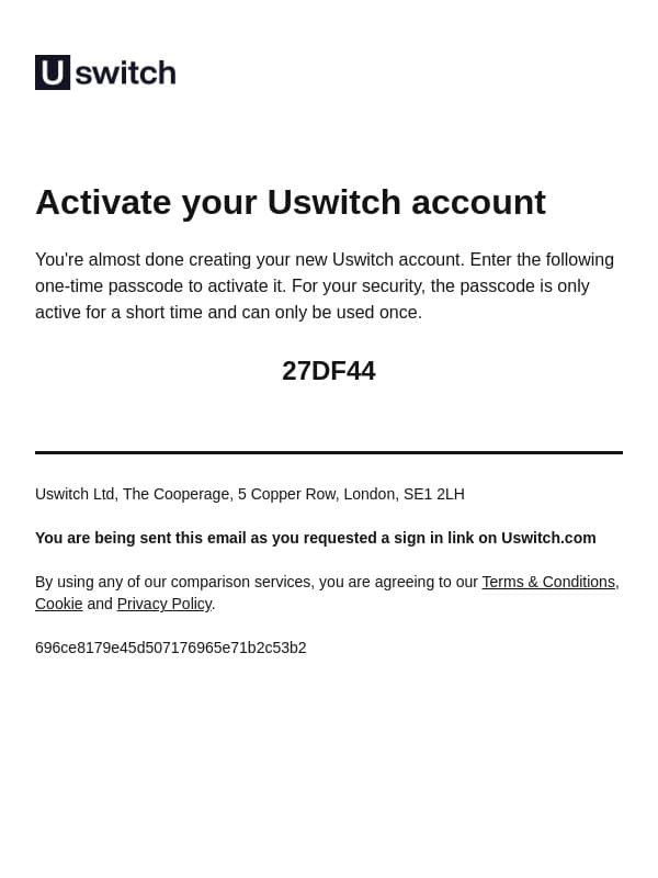 Activate to your Uswitch account - 27DF44 email from Uswitch screenshot