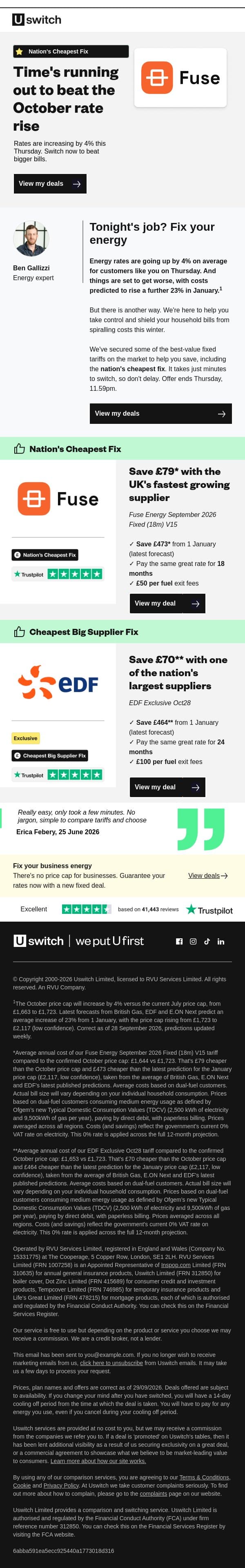 Action needed to beat bigger energy bills email from Uswitch screenshot