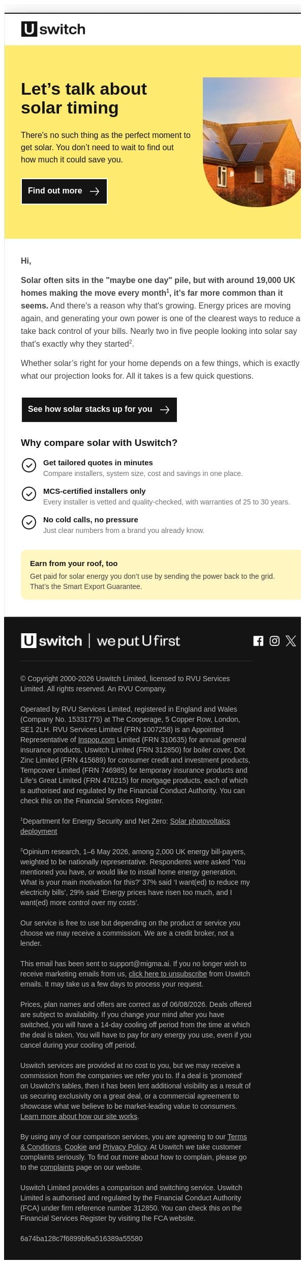 There's no perfect time for solar. Here's why. email from Uswitch screenshot