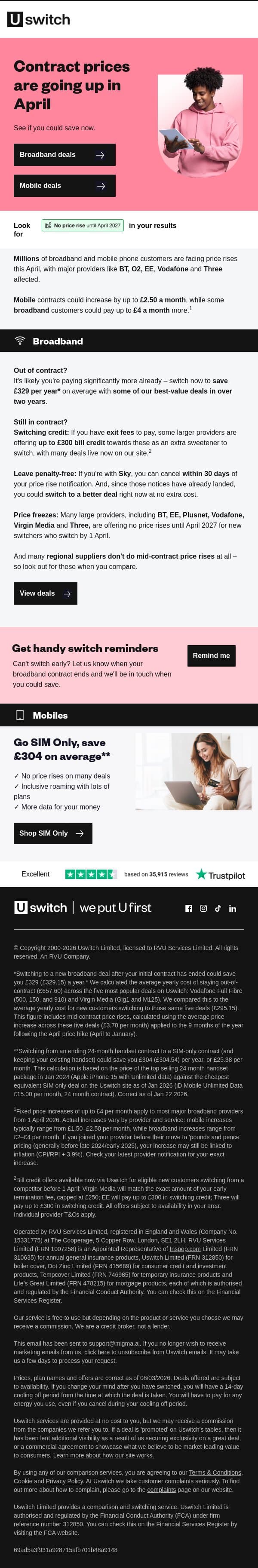 Beat broadband and mobile price rises email from Uswitch screenshot