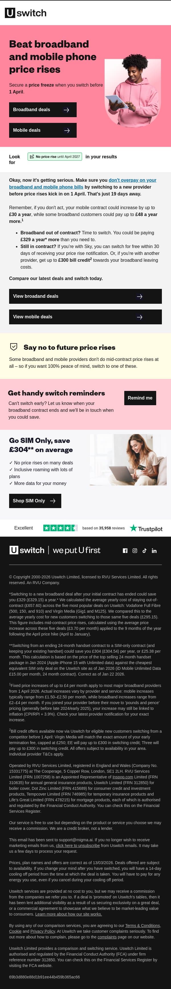 Just 19 days until price rises: Beat them now email from Uswitch screenshot
