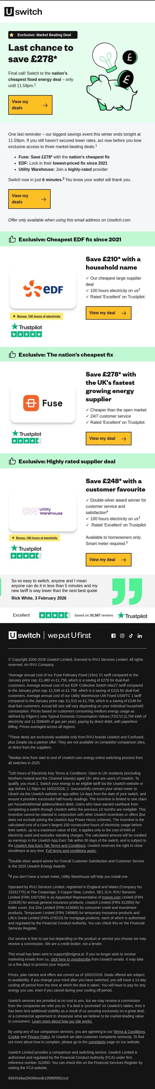 Final hours: Your £278 saving expires soon email from Uswitch screenshot