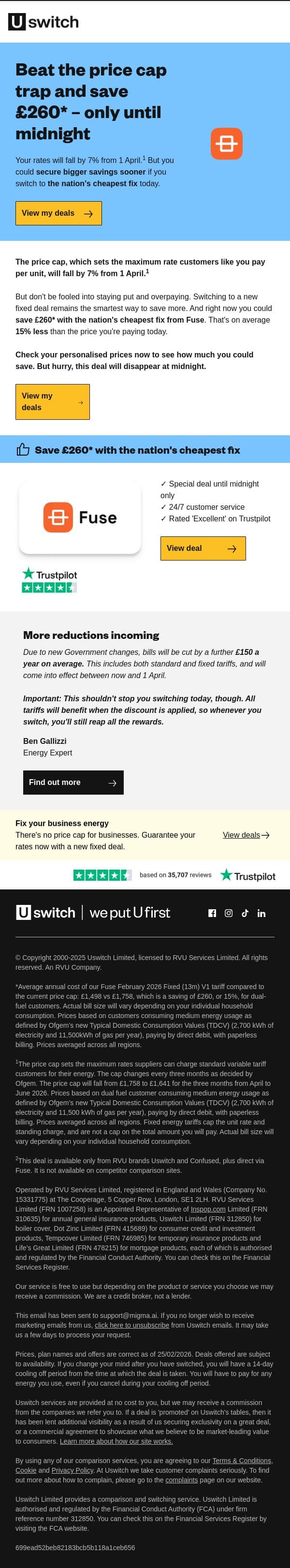 Energy rates set to fall by 7% email from Uswitch screenshot