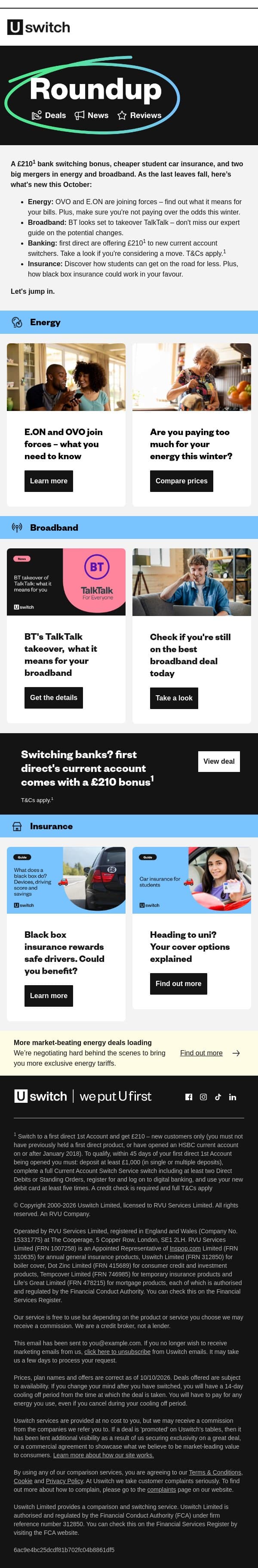 Big news in energy and broadband - your October Roundup email from Uswitch screenshot