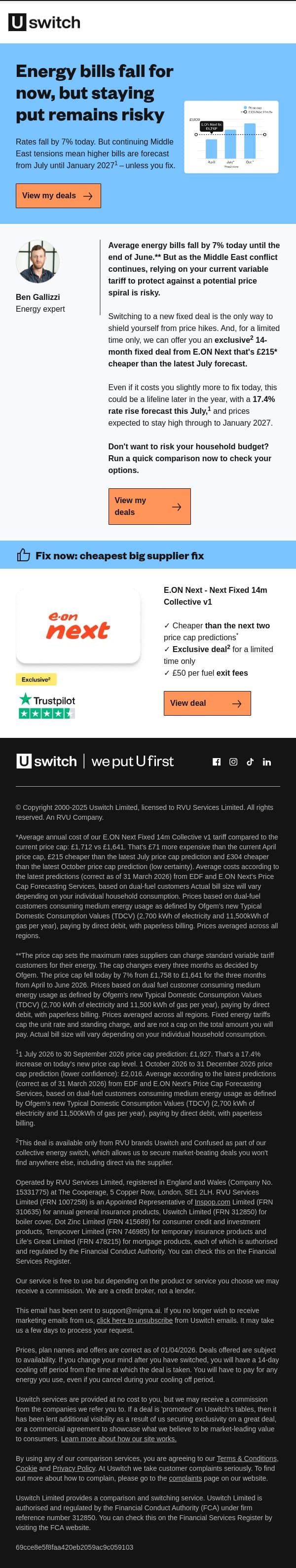 Fix now to beat global uncertainty email from Uswitch screenshot
