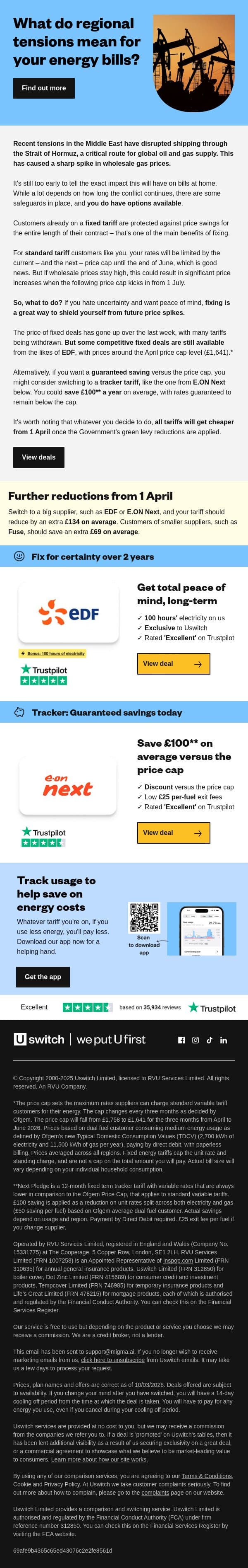 The Middle East and your energy bills email from Uswitch screenshot