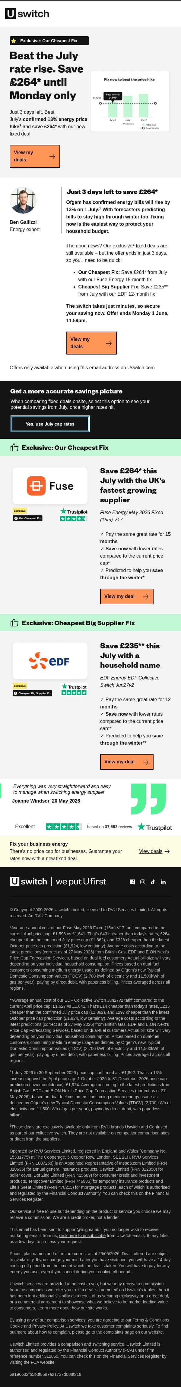 Your £264* energy saving expires Monday email from Uswitch screenshot