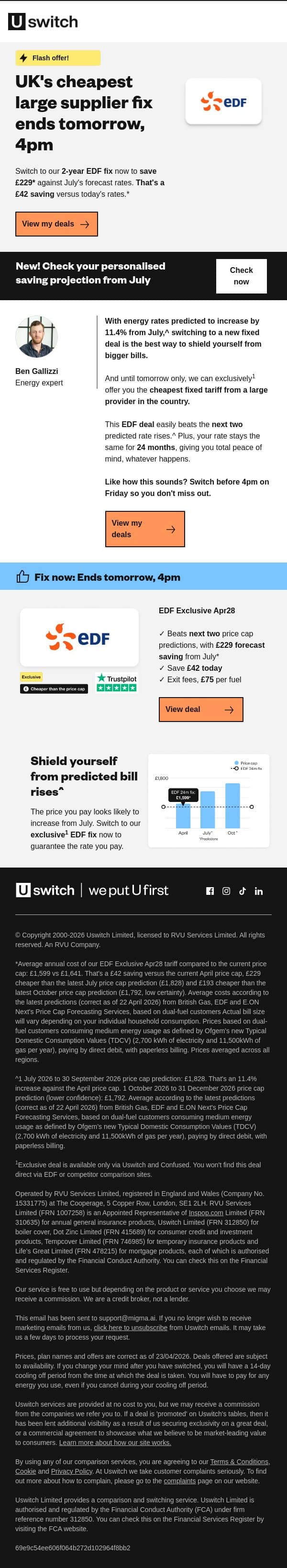 Flash offer! Save £229 vs July energy forecast email from Uswitch screenshot