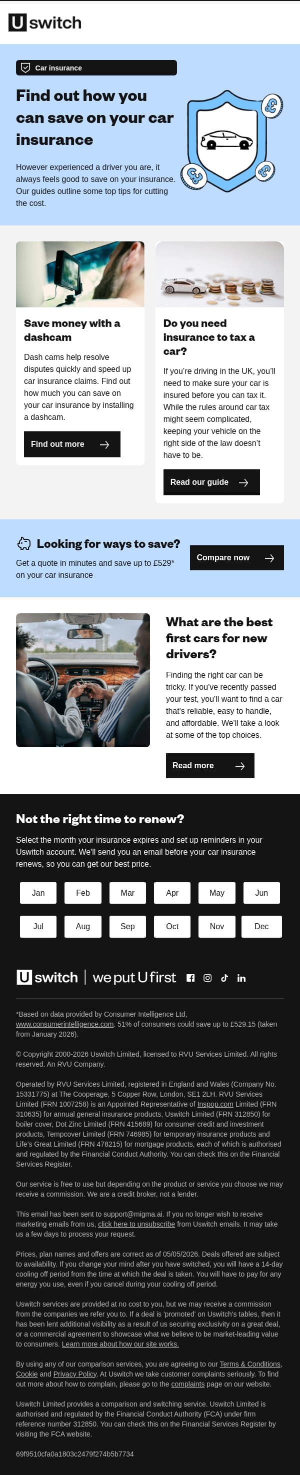 Looking to make some car insurance savings? email from Uswitch screenshot