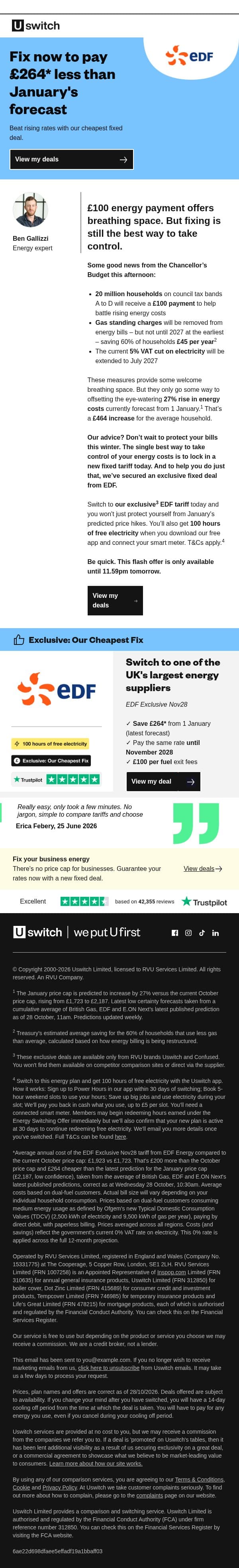 Budget update: £100 energy payment for some households email from Uswitch screenshot