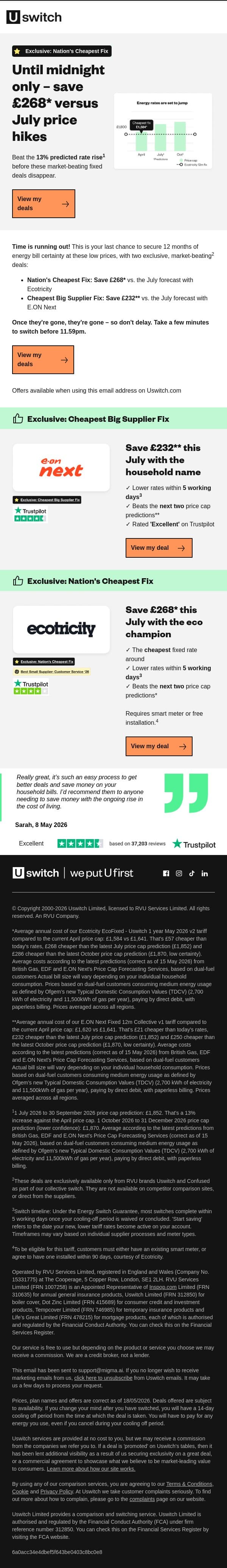 Hours left to save £268* on your energy email from Uswitch screenshot
