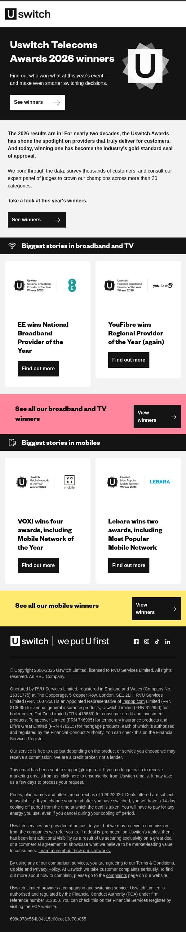 Uswitch Telecoms Awards 2026 winners email from Uswitch screenshot