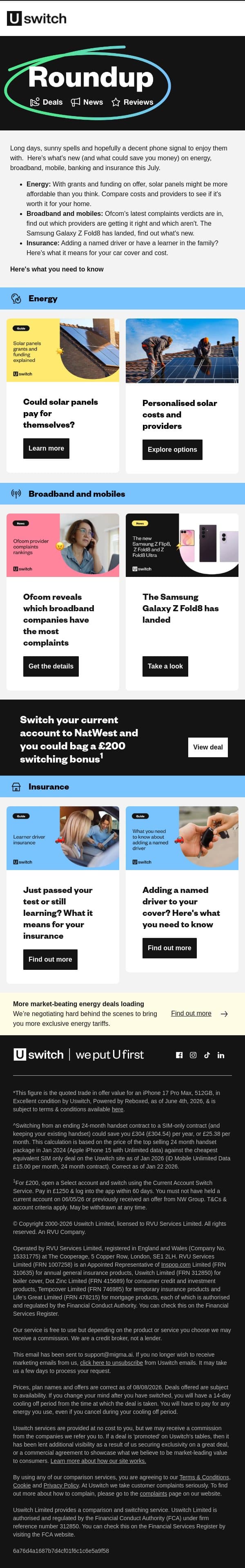 Solar panel grants, broadband verdicts, £200 up for grabs - your July Roundup email from Uswitch screenshot