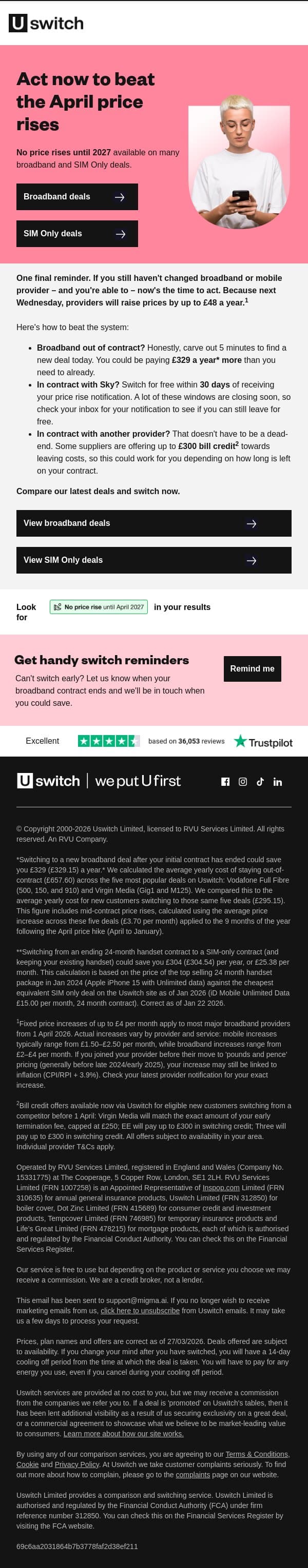 Last chance to beat telecoms price rises email from Uswitch screenshot