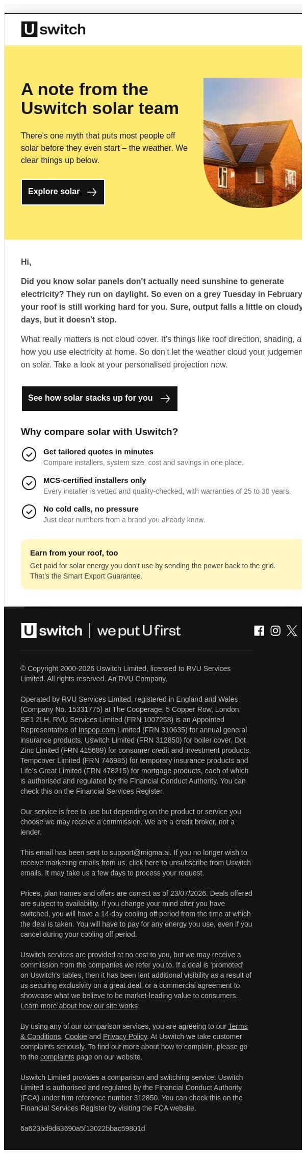 A quick note from the Uswitch solar team email from Uswitch screenshot