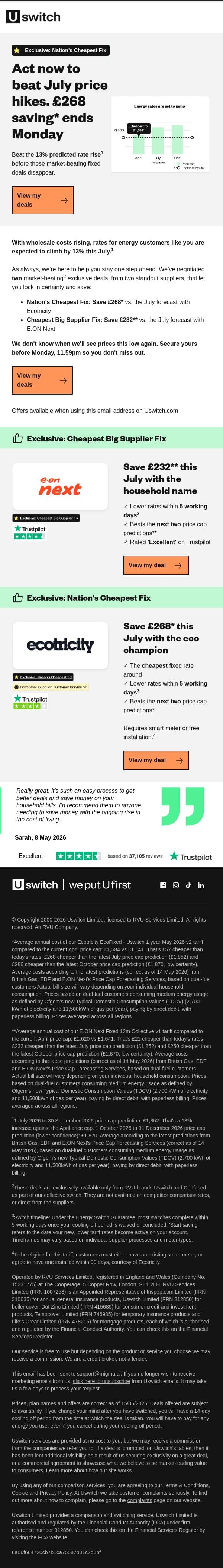Save £268* this July with UK's cheapest fixed energy deal email from Uswitch screenshot