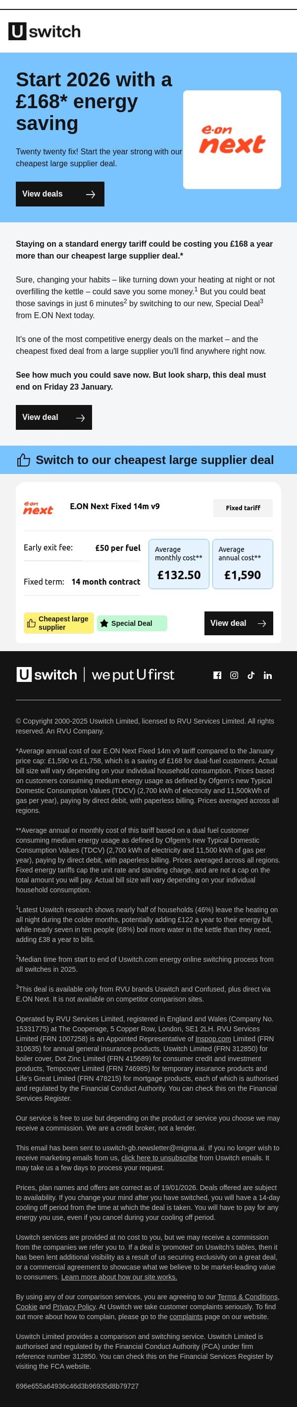Save £168 today with E.ON Next email from Uswitch screenshot