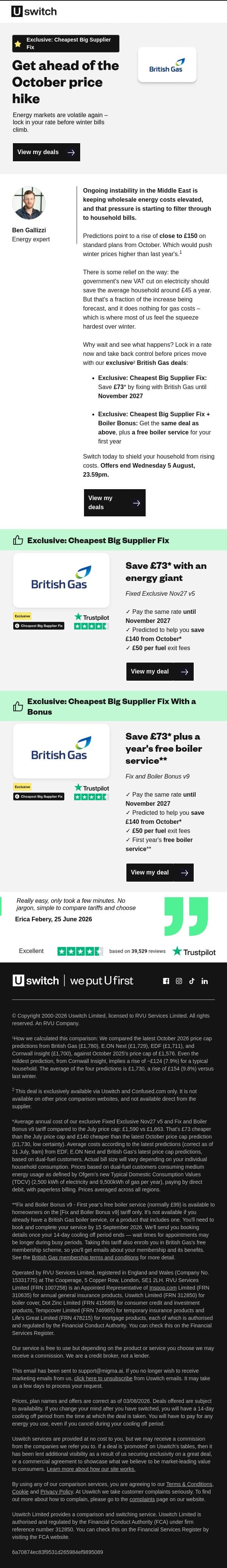 You won't find this British Gas deal direct email from Uswitch screenshot