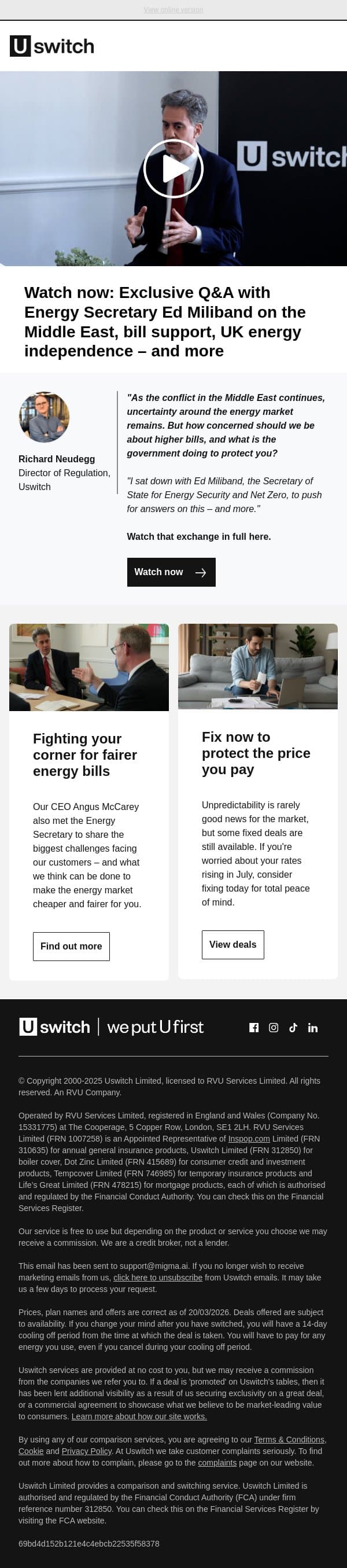 Uswitch exclusive: Q&A with Ed Miliband email from Uswitch screenshot