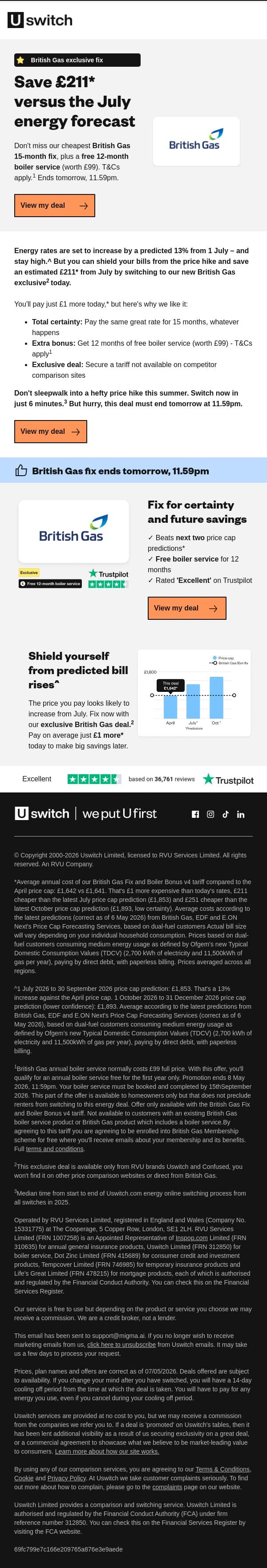 NEW British Gas deal: Save £211 vs July forecast email from Uswitch screenshot