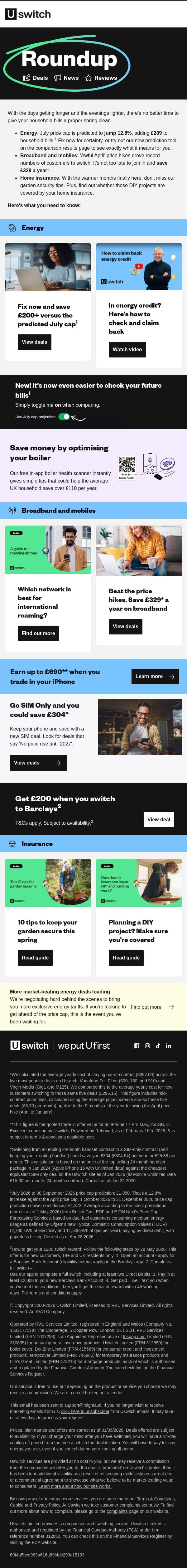 Make your money work harder this spring with Roundup email from Uswitch screenshot