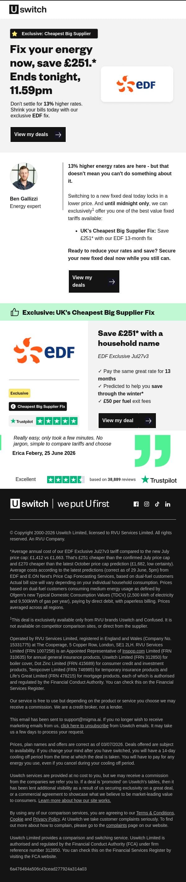 Last chance to save £251 with EDF email from Uswitch screenshot