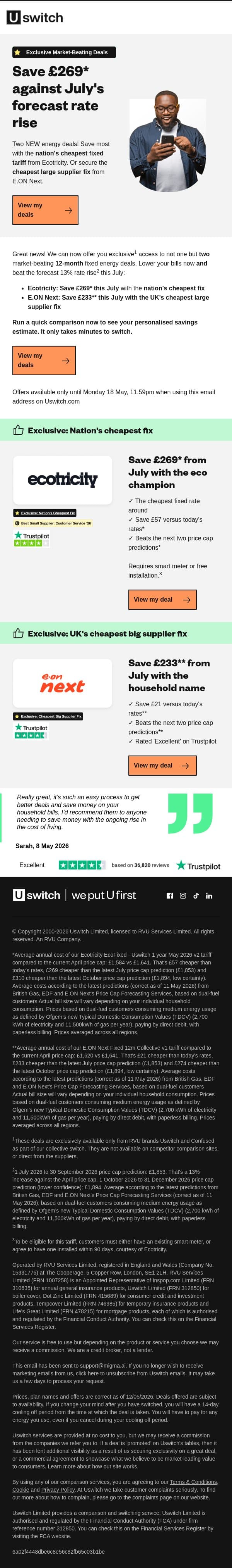 Switch now to save £269 vs July energy price rises email from Uswitch screenshot