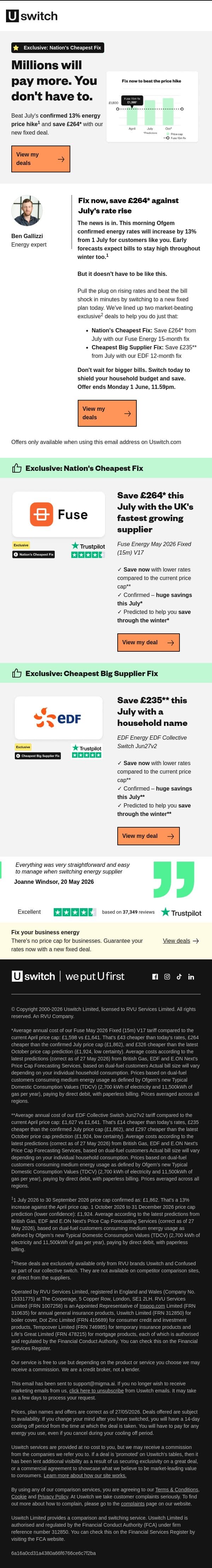 It's official – energy bills to rise by 13% email from Uswitch screenshot