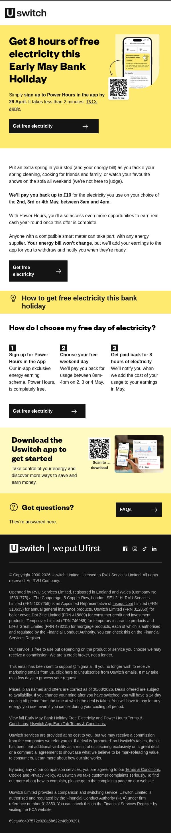 Spring has sprung with 8 hours of free electricity 🌻⚡ email from Uswitch screenshot
