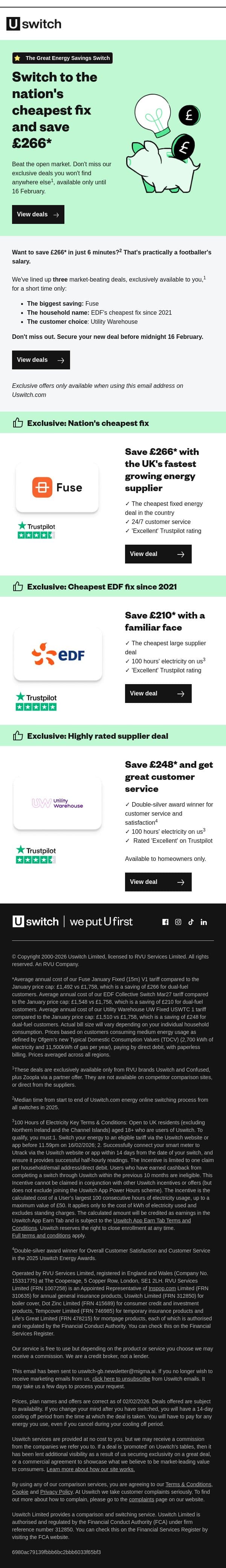 Save £266 with the nation's cheapest fix email from Uswitch screenshot