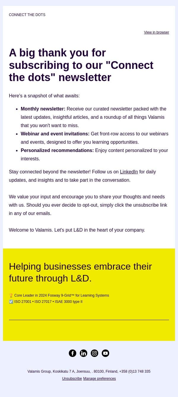 Thank you for subscribing to our newsletter! email from Valamis screenshot