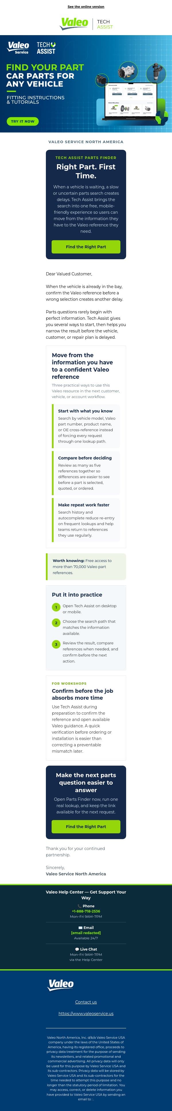 Right Part. First Time. email from Valeo screenshot