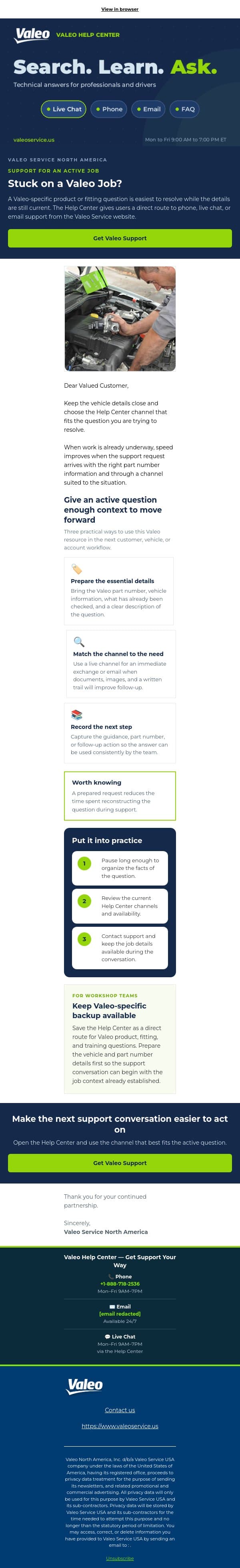 Stuck on a Valeo Job? email from Valeo screenshot