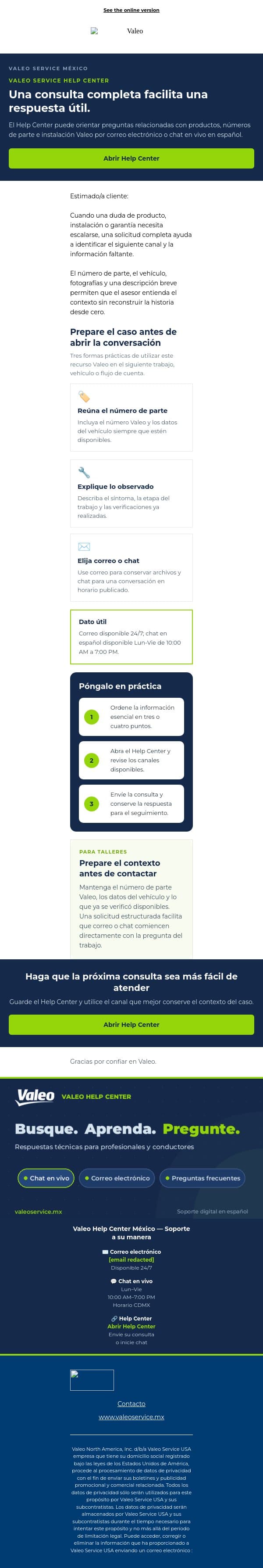 Resuelva dudas de garantía email from Valeo screenshot
