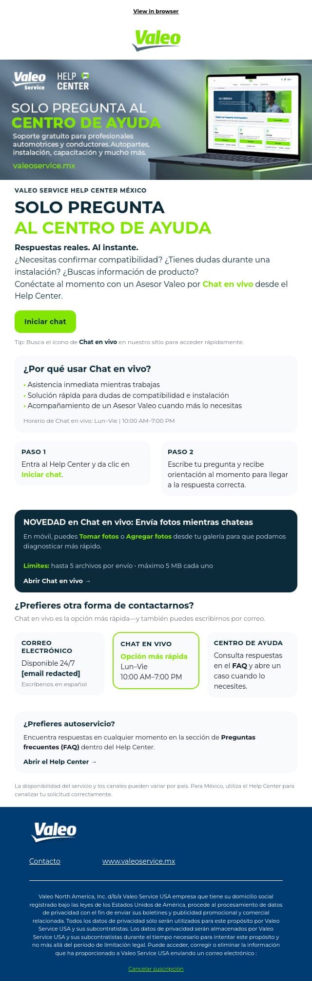 SOLO PREGUNTA — Chat en vivo email from Valeo screenshot