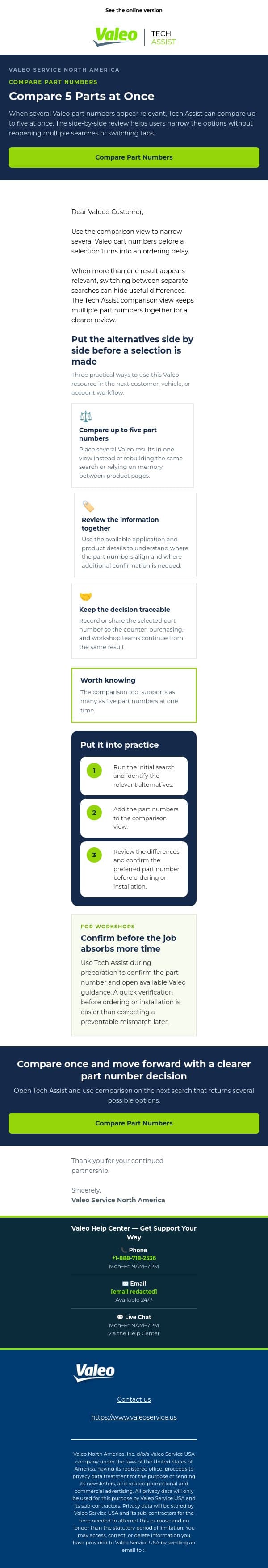 Compare 5 Parts at Once email from Valeo screenshot