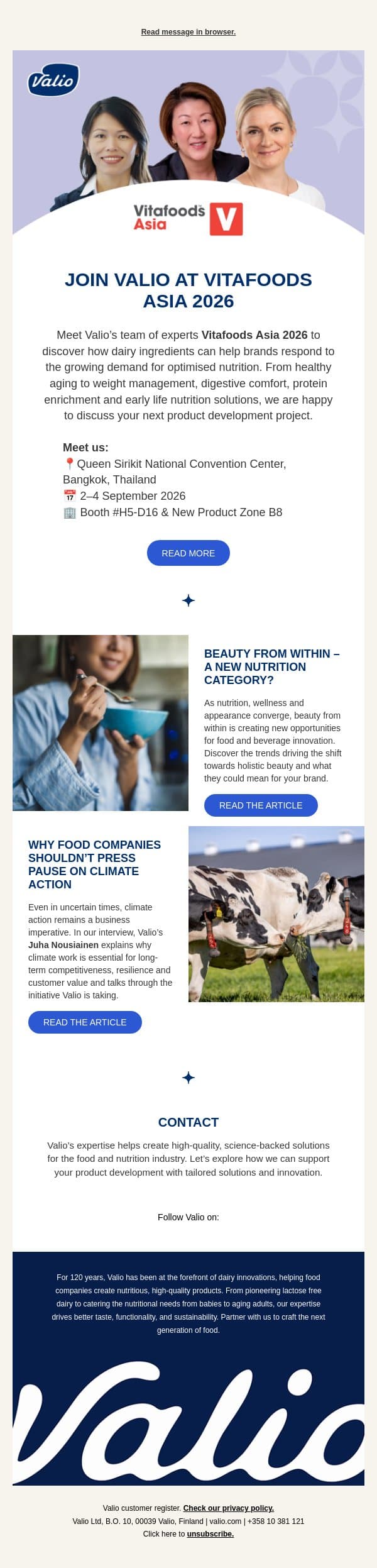 Join Valio at Vitafoods Asia 2026 email from Valio screenshot