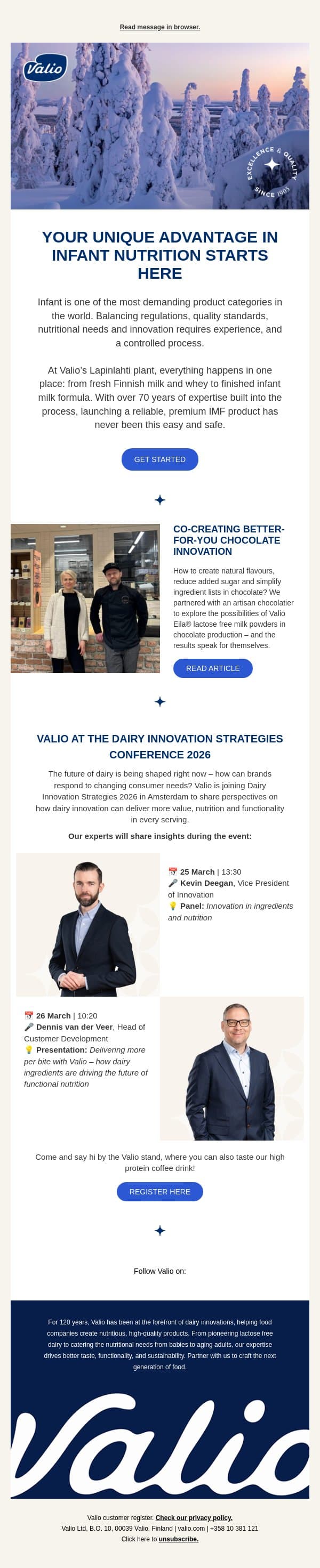 Driving innovation in nutrition across industries email from Valio screenshot